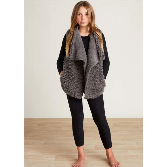 NEW Barefoot Dreams CozyChic Loop Fringe Cascading Vest Girls 6/7 Smokey Gray - Picture 1 of 13